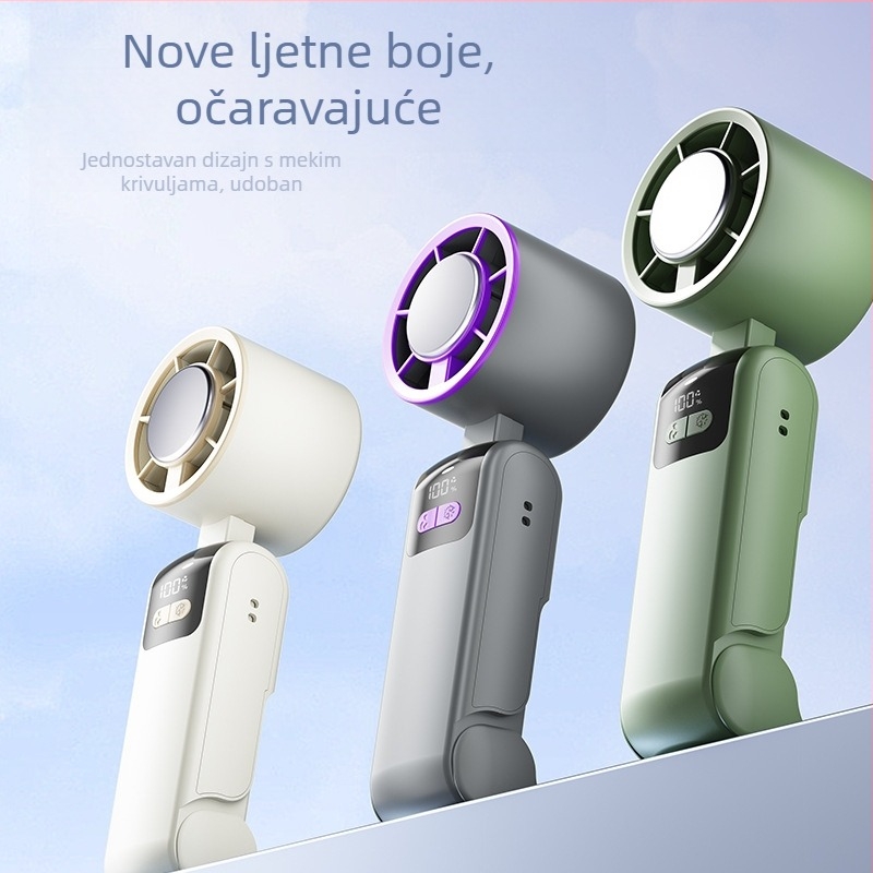 Ručni sklopivi ventilator za hlađenje s bezkraćkim motorom, 3.7V 5W, ponovno punjiva litijska baterija 1200–2000 mAh, buka ispod 36 dB, neprekidna regulacija brzine, težina 250 g, dimenzije 185×65×65 mm