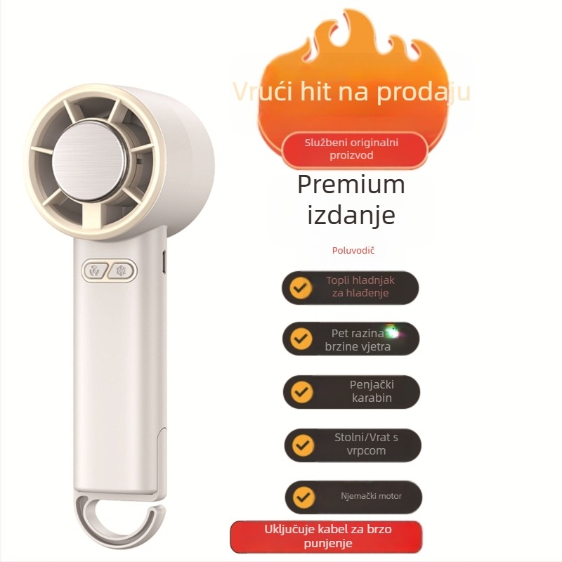 Ručni sklopivi ventilator za hlađenje s bezkraćkim motorom, 3.7V 5W, ponovno punjiva litijska baterija 1200–2000 mAh, buka ispod 36 dB, neprekidna regulacija brzine, težina 250 g, dimenzije 185×65×65 mm
