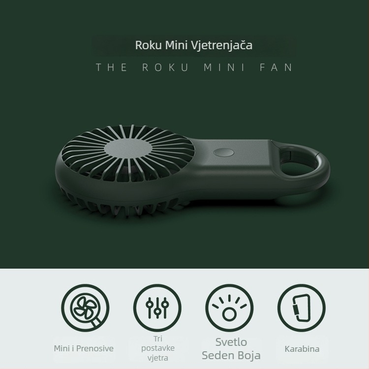 Ručni USB mini ventilator s ugrađenom baterijom, 3 brzine, 5V 2W, autonomija 3–6 sati