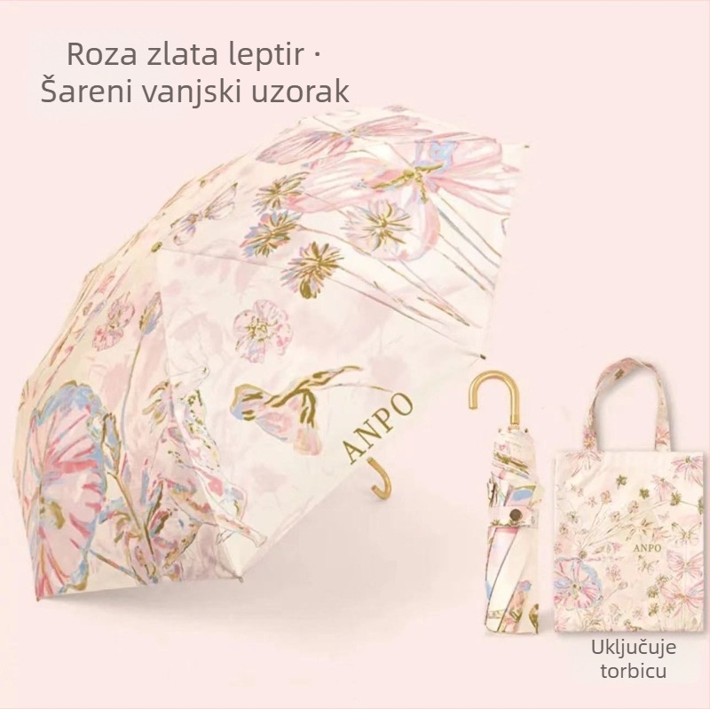 bpb Sklopivi kišobran za sunce i kišu s zakrivljenom drškom, kompaktan, UPF >50, poliester, 8 aluminijskih rebara, aluminijski štap i drška, ručno otvaranje i zatvaranje, za žene
