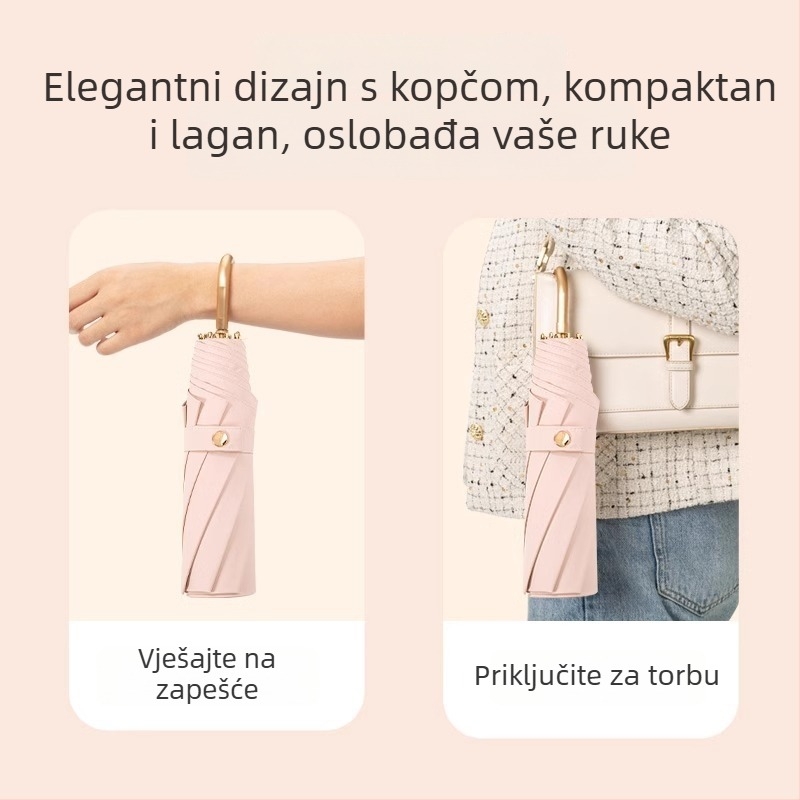 bpb Sklopivi kišobran za sunce i kišu s zakrivljenom drškom, kompaktan, UPF >50, poliester, 8 aluminijskih rebara, aluminijski štap i drška, ručno otvaranje i zatvaranje, za žene