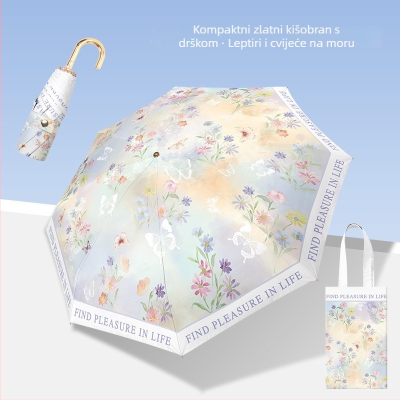 bpb Sklopivi kišobran za sunce i kišu s zakrivljenom drškom, kompaktan, UPF >50, poliester, 8 aluminijskih rebara, aluminijski štap i drška, ručno otvaranje i zatvaranje, za žene