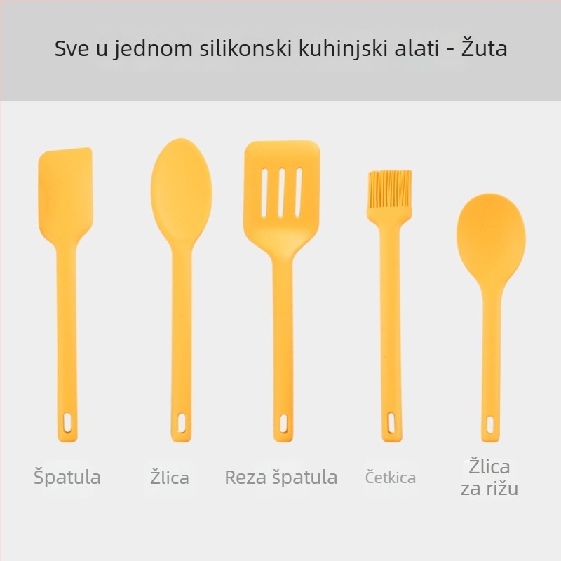 Set silikonskih kuhinjskih alata: žlica i špatula od silikona – ne lijepi se, visoka toplinska otpornost, protuklizno, zaštita od opeklina; drška s tijelom od silikona i jezgrom od najlona