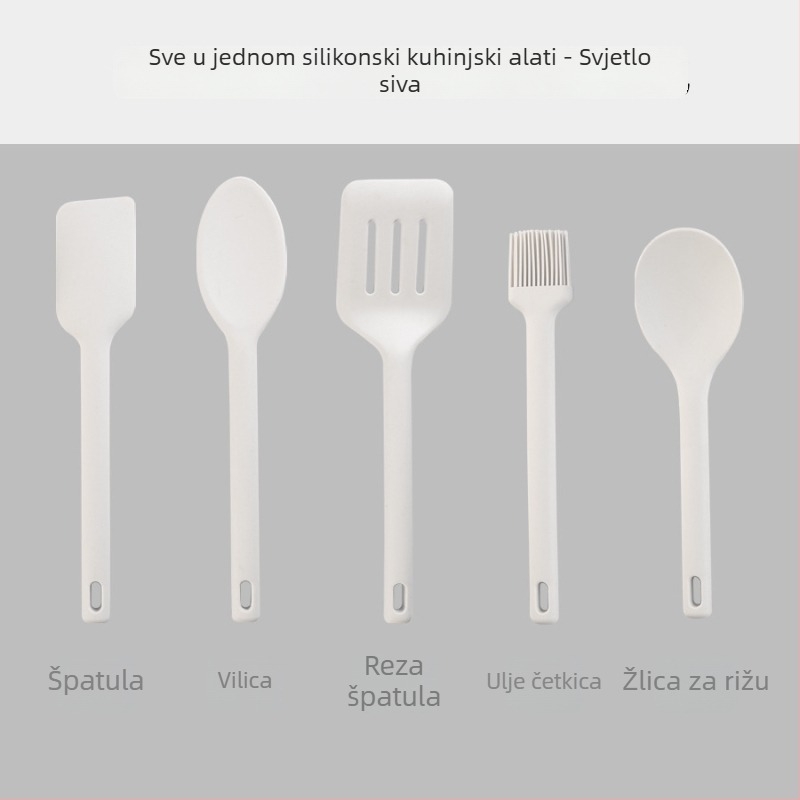 Set silikonskih kuhinjskih alata: žlica i špatula od silikona – ne lijepi se, visoka toplinska otpornost, protuklizno, zaštita od opeklina; drška s tijelom od silikona i jezgrom od najlona
