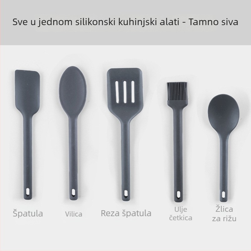 Set silikonskih kuhinjskih alata: žlica i špatula od silikona – ne lijepi se, visoka toplinska otpornost, protuklizno, zaštita od opeklina; drška s tijelom od silikona i jezgrom od najlona