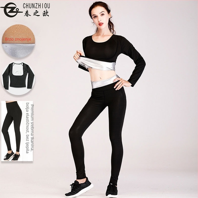 Ženski Lycra fitness set s gornjim dijelom i hlačama – jednobojan; 82% poliester, 18% spandex; podstava srebrna folija 100; pogodan za sve sezone; za trčanje i fitness