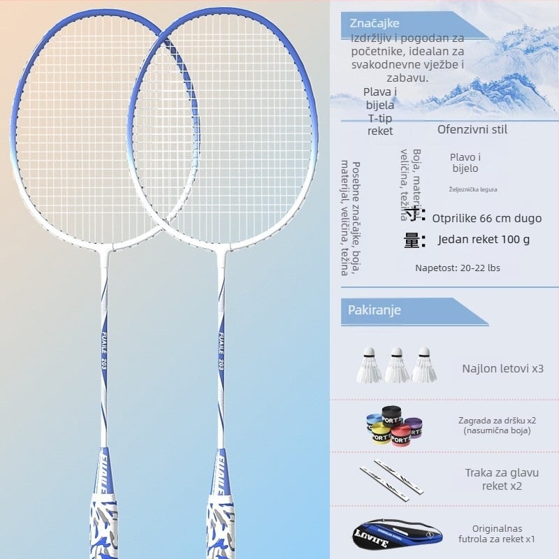 Set reketa za badminton – okvir od željeznog zlitka, najlon uzice, direktni udar, set za singles i doubles, za početnike