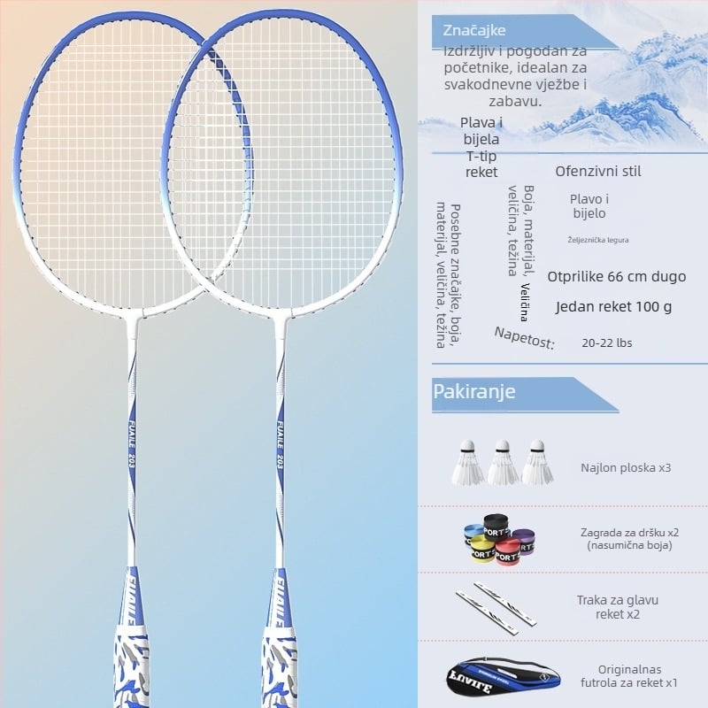 Set reketa za badminton – okvir od željeznog zlitka, najlon uzice, direktni udar, set za singles i doubles, za početnike