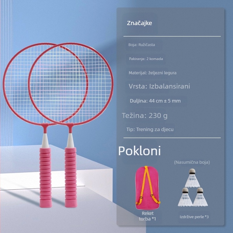 Dječji set badminton raketa, dvostruke rakete, okvir od željezne zlitine, težina 95-100 g, bočni udarac, pogodno za stolni tenis i badminton