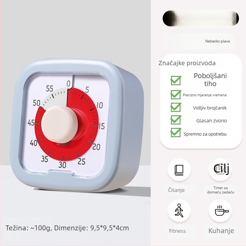 Vizualni timer za domaću zadaću učenika, s analognim pokazivačem i kronografom, kvadratno plastično kućište, automatski mehanički pogon