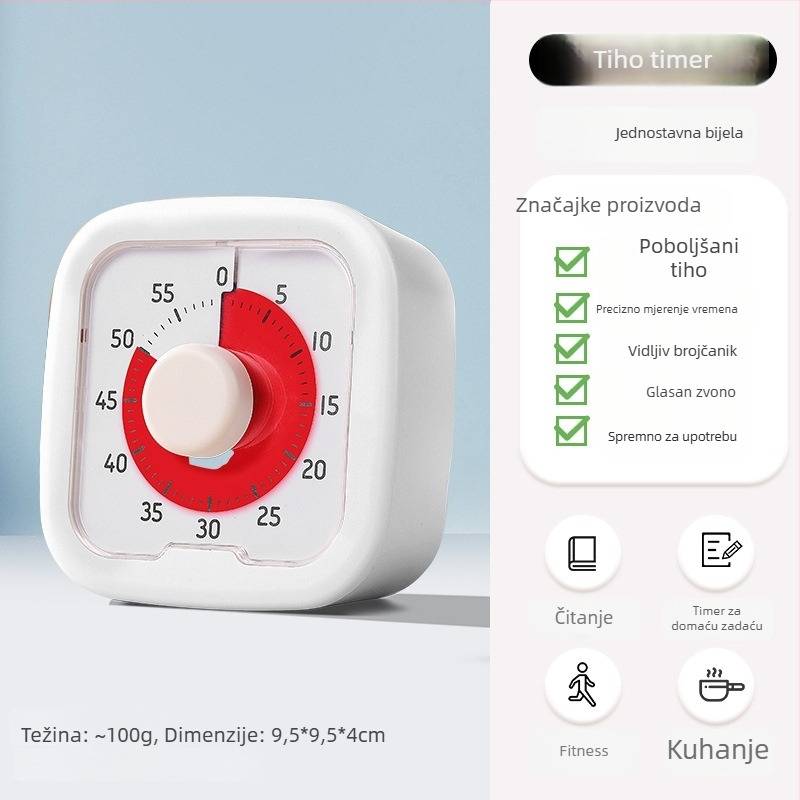 Vizualni timer za domaću zadaću učenika, s analognim pokazivačem i kronografom, kvadratno plastično kućište, automatski mehanički pogon