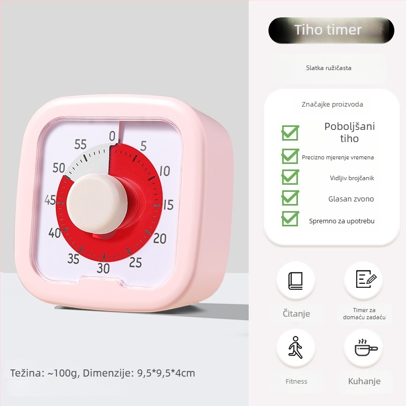 Vizualni timer za domaću zadaću učenika, s analognim pokazivačem i kronografom, kvadratno plastično kućište, automatski mehanički pogon