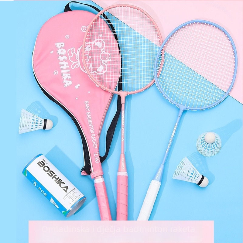Dječja badminton raketa, Bosska; okvir od željezne legure; žice: najlon; za djecu; tvrdoća šipke umjerena
