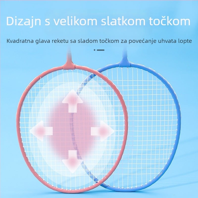 Dječja badminton raketa, Bosska; okvir od željezne legure; žice: najlon; za djecu; tvrdoća šipke umjerena