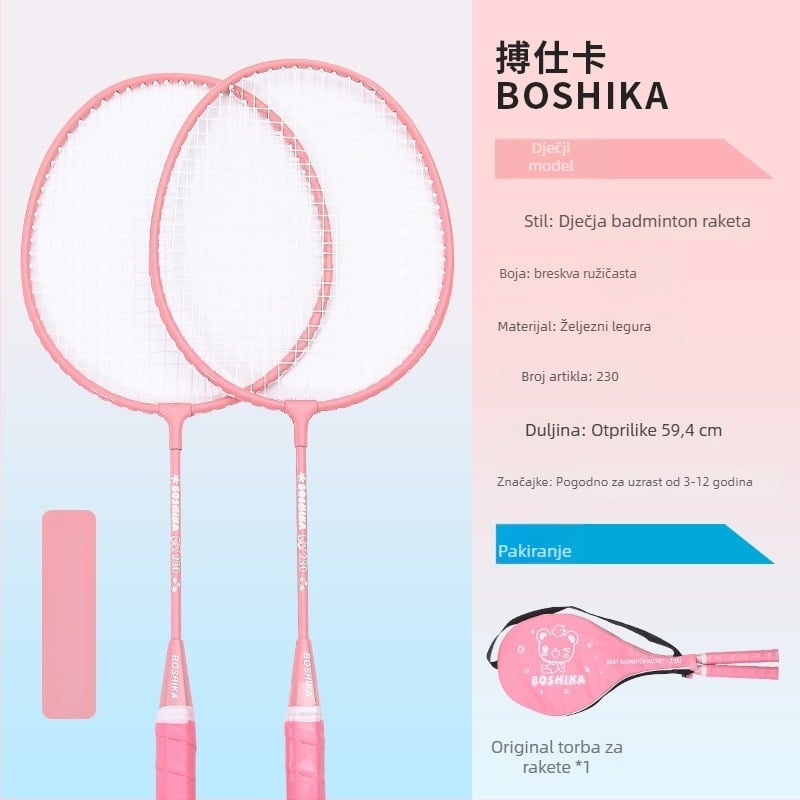 Dječja badminton raketa, Bosska; okvir od željezne legure; žice: najlon; za djecu; tvrdoća šipke umjerena