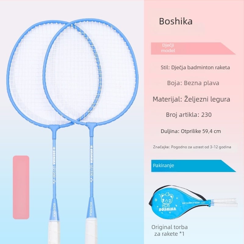 Dječja badminton raketa, Bosska; okvir od željezne legure; žice: najlon; za djecu; tvrdoća šipke umjerena