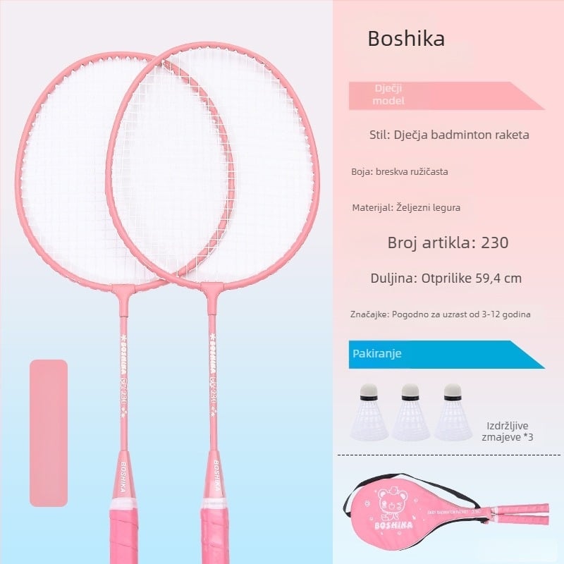 Dječja badminton raketa, Bosska; okvir od željezne legure; žice: najlon; za djecu; tvrdoća šipke umjerena