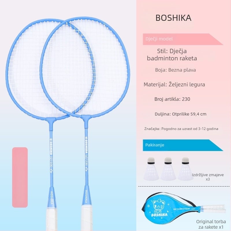 Dječja badminton raketa, Bosska; okvir od željezne legure; žice: najlon; za djecu; tvrdoća šipke umjerena