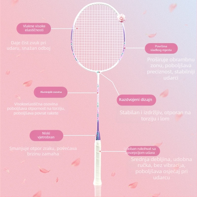 Badminton raketa Bushi Card — okvir od Ferroalloy metala, najlon užad, za početnike juniore, srednja tvrdoća, mogućnost otiska logotipa