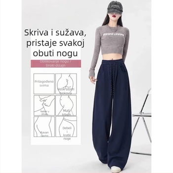 Ženske široke hlače od poliestera, srednji struk, duge, 90-95% poliestera, japansko-korejski casual stil