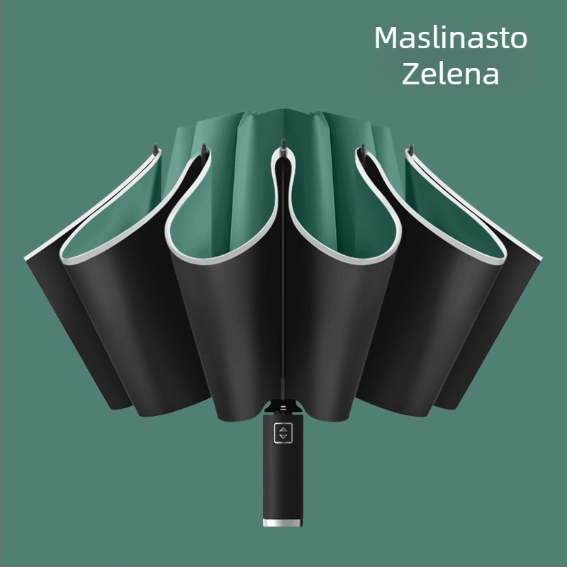 Obratni kišobran s 10 rebara, automatsko otvaranje, reflektirajući rub i svjetleća traka, ispis logotipa i prilagodba