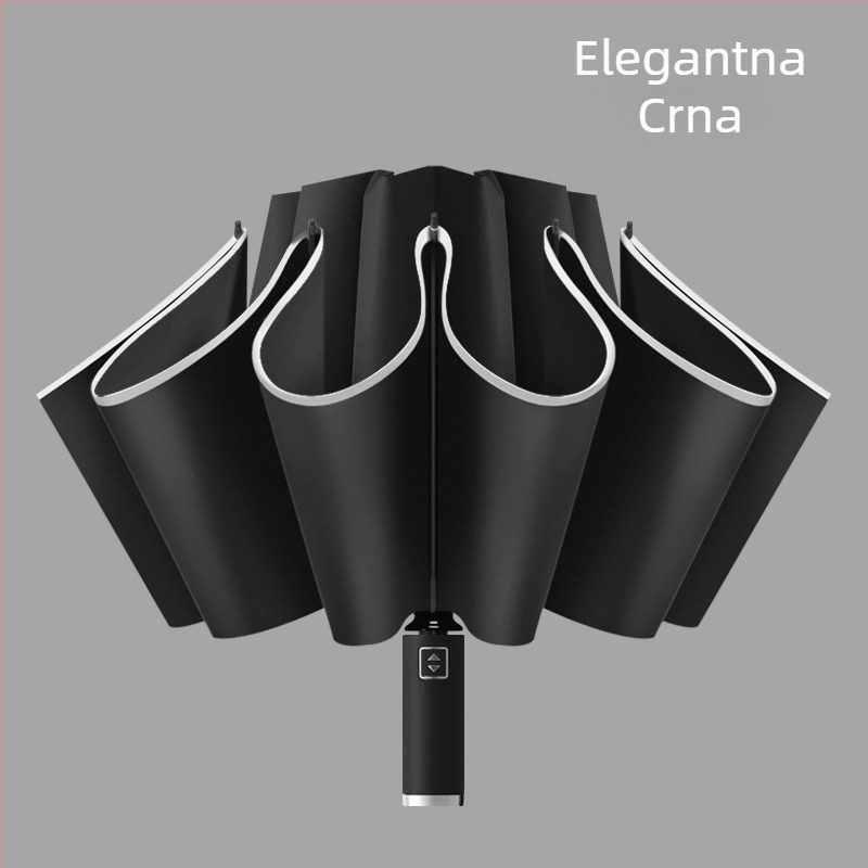 Obratni kišobran s 10 rebara, automatsko otvaranje, reflektirajući rub i svjetleća traka, ispis logotipa i prilagodba