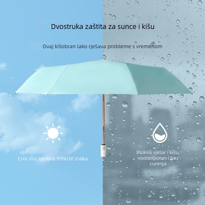 Automatski vjetrootporn kišobran za sunce i kišu, UPF>50, 210T tkanina, okvir s 8 rebara, sklopiv
