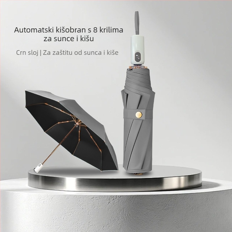 Automatski vjetrootporn kišobran za sunce i kišu, UPF>50, 210T tkanina, okvir s 8 rebara, sklopiv