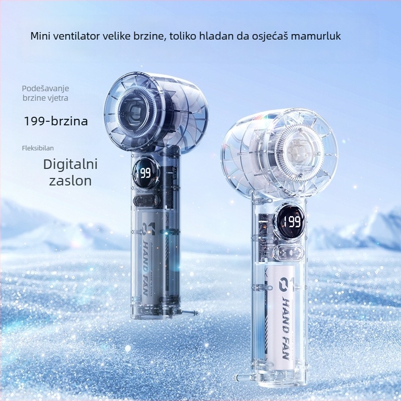 Ručni mini ventilator, 6 brzina protoka zraka, ugrađena baterija 1200–2000mAh, punjiva, 3 lopatice, tih rad (<36 dB), napajanje 5V