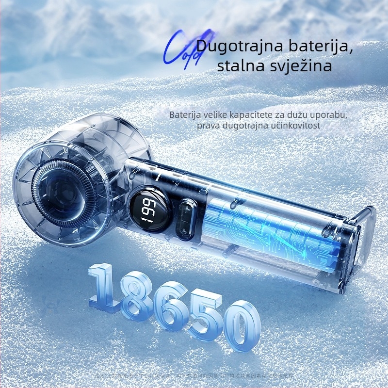 Ručni mini ventilator, 6 brzina protoka zraka, ugrađena baterija 1200–2000mAh, punjiva, 3 lopatice, tih rad (<36 dB), napajanje 5V