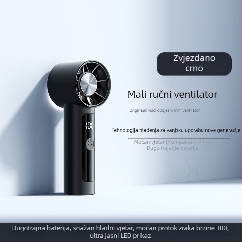 Ručni mini ventilator, 6 brzina protoka zraka, ugrađena baterija 1200–2000mAh, punjiva, 3 lopatice, tih rad (<36 dB), napajanje 5V
