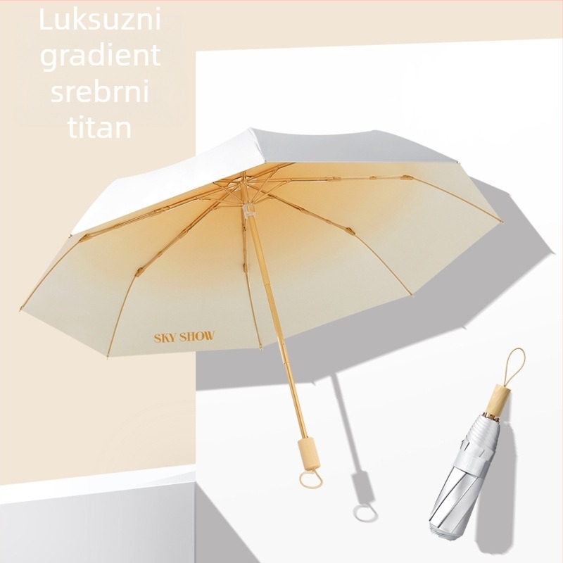 8 rebara kišobran, trostruki sklopni dizajn, platno 190T, okvir od legure, drvena drška, UPF50+