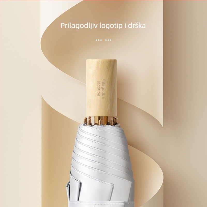 8 rebara kišobran, trostruki sklopni dizajn, platno 190T, okvir od legure, drvena drška, UPF50+