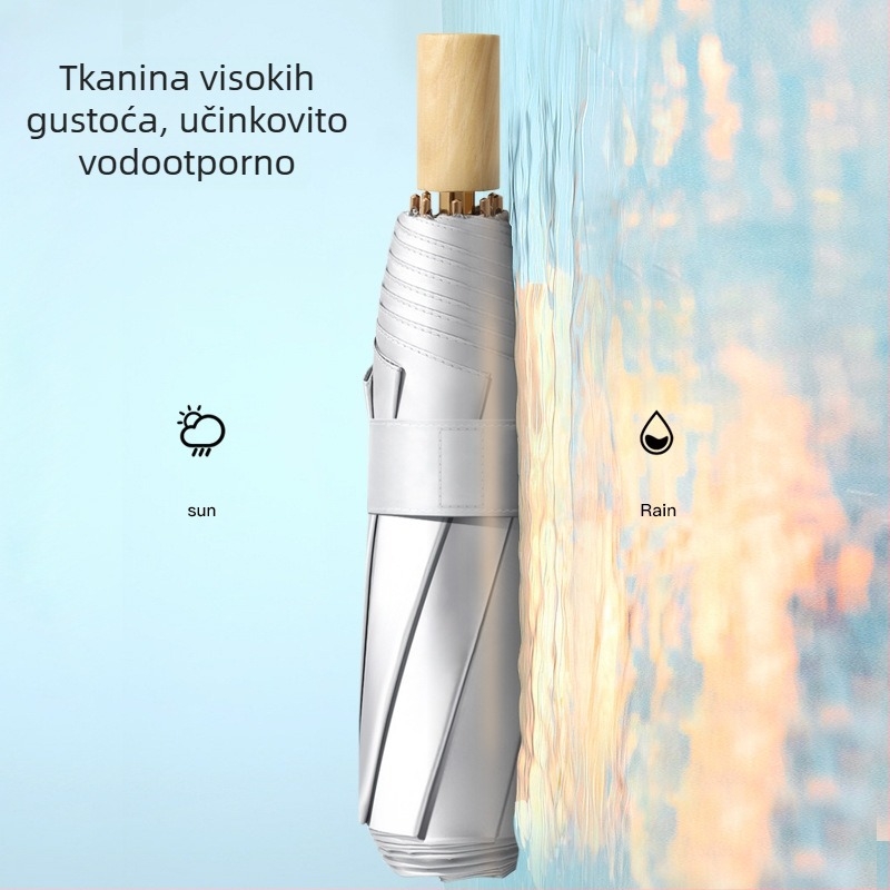 8 rebara kišobran, trostruki sklopni dizajn, platno 190T, okvir od legure, drvena drška, UPF50+