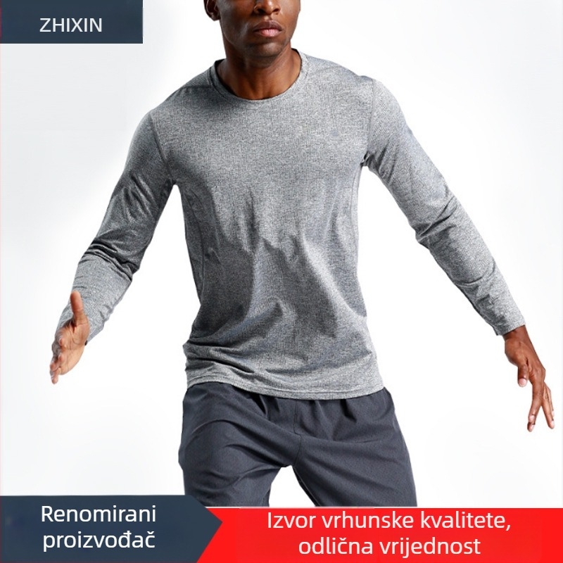 Zhixin muški dugi rukav sport tops s brzom sušenjem za trčanje, košarku i fitness – poliestersko-spandex smjesa, labav kroj, pogodan za zimu, proljeće i jesen