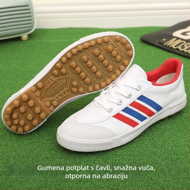 Nogometne tenisice za travu – lagane, prozračne, otporne; platneni gornji dio, vulkanizirana gumena potplat, vezanje, niski profil.