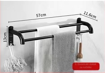 Zidni kupaonski regal za odlaganje s držačem ručnika - nehrđajući čelik, nosivost 30 kg, jednoslojni, model 300, završna obrada pečenim premazom