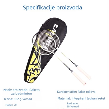 Badminton raketa s karbonskim okvirom, ultralagana 95–100 g, ravna drška, najlonske strune, napadački model za početnike