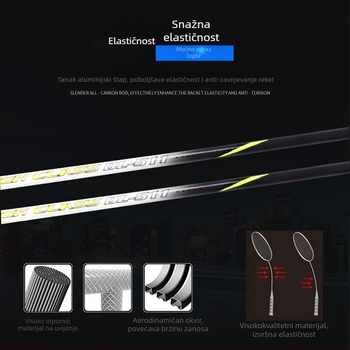 Badminton raketa s karbonskim okvirom, ultralagana 95–100 g, ravna drška, najlonske strune, napadački model za početnike