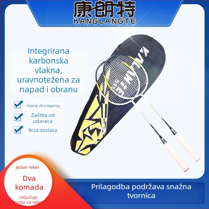 Badminton raketa s karbonskim okvirom, ultralagana 95–100 g, ravna drška, najlonske strune, napadački model za početnike