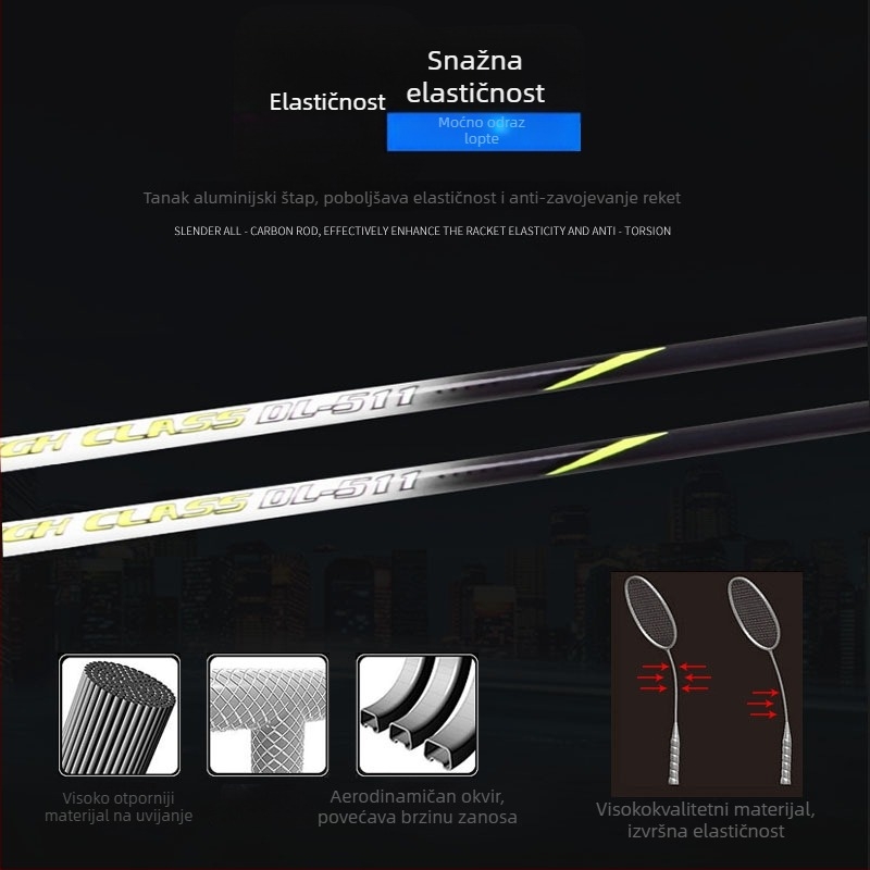 Badminton raketa s karbonskim okvirom, ultralagana 95–100 g, ravna drška, najlonske strune, napadački model za početnike