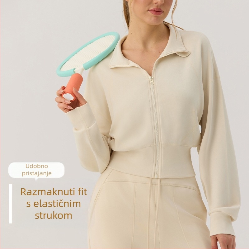 Ženski zimski kaput sa stojećim ovratnikom i zatvaračem, lantern rukavi i stisnuti struk