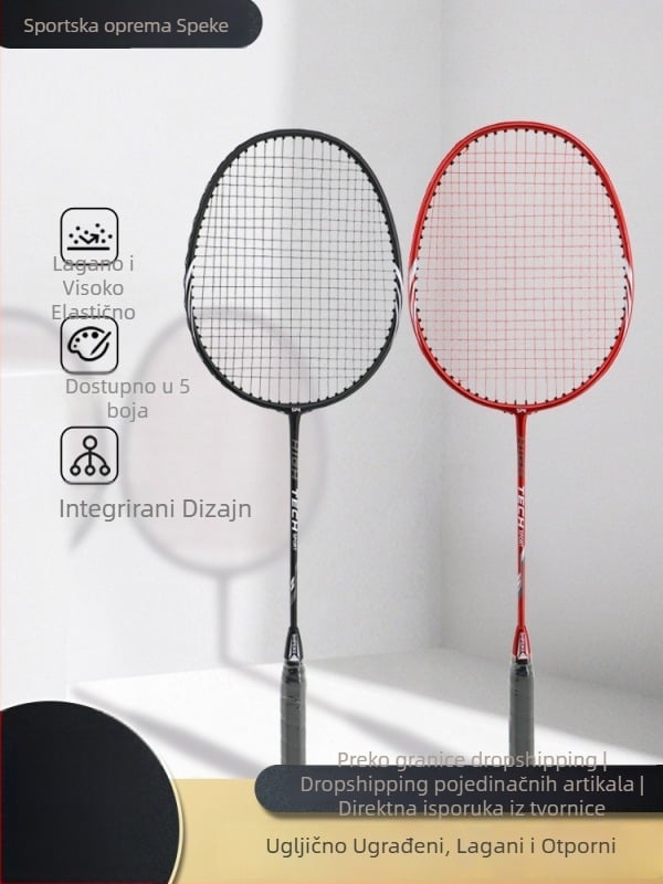 Speke badminton reketa od karbonskih vlakana – ultra lagan, profesionalna ofenzivna verzija, ravna glava, težina 80–84 g, držač G5, Fiber Silk žice