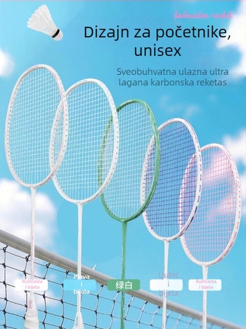 Raketa za badminton – okvir od karbonskih vlakana, težina 85–89 g, direktan udarac, pogodna za početnike