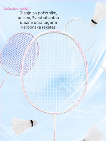 Raketa za badminton – okvir od karbonskih vlakana, težina 85–89 g, direktan udarac, pogodna za početnike