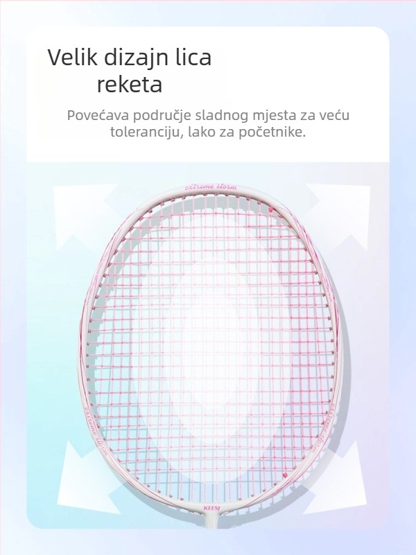 Raketa za badminton – okvir od karbonskih vlakana, težina 85–89 g, direktan udarac, pogodna za početnike
