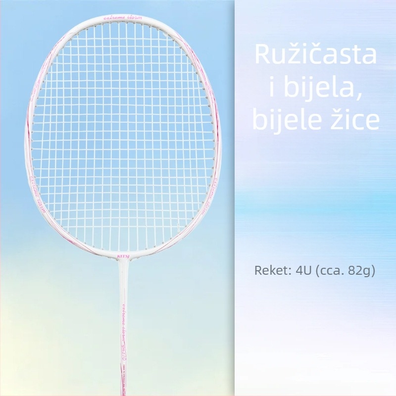 Raketa za badminton – okvir od karbonskih vlakana, težina 85–89 g, direktan udarac, pogodna za početnike
