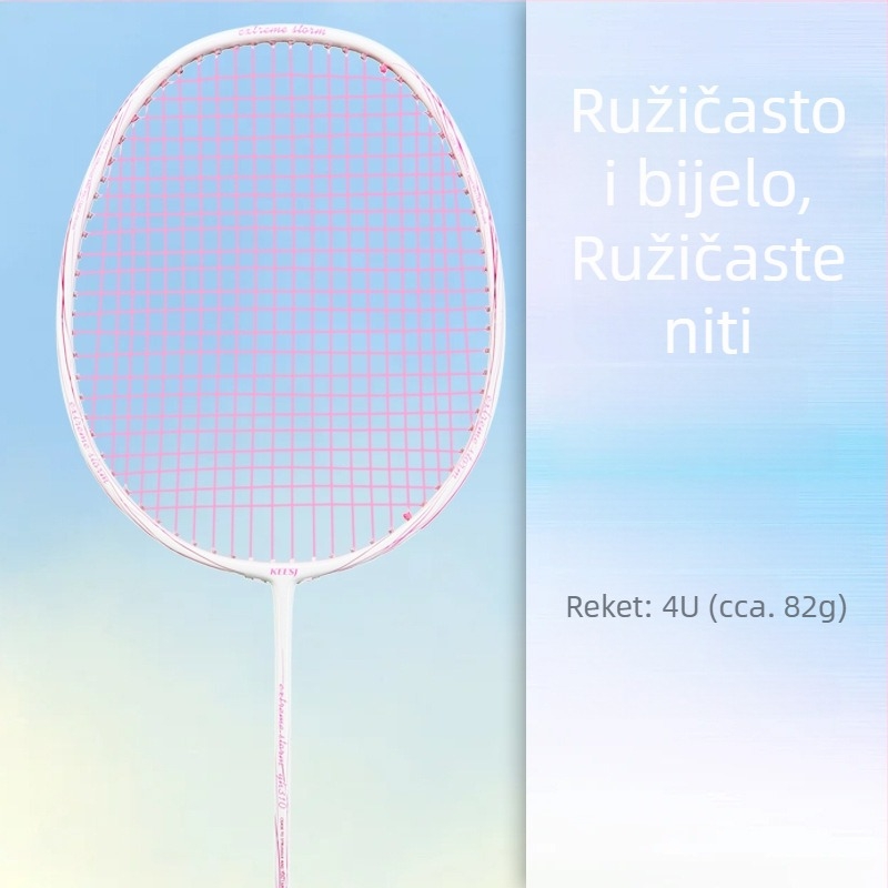 Raketa za badminton – okvir od karbonskih vlakana, težina 85–89 g, direktan udarac, pogodna za početnike