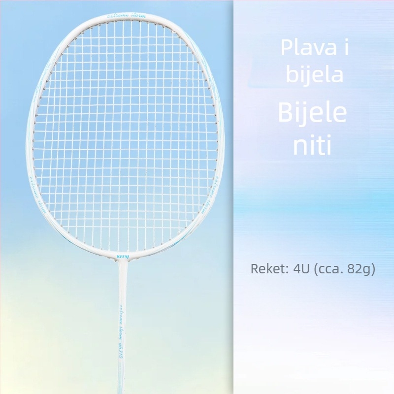 Raketa za badminton – okvir od karbonskih vlakana, težina 85–89 g, direktan udarac, pogodna za početnike