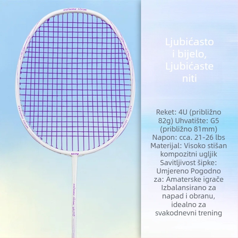 Raketa za badminton – okvir od karbonskih vlakana, težina 85–89 g, direktan udarac, pogodna za početnike